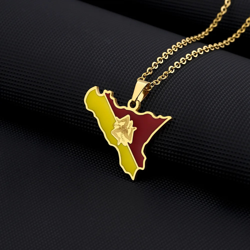 2024 New fashion stainless steel Sicily map and flag necklace for men and women couples ethnic style collarbone chain accessorie