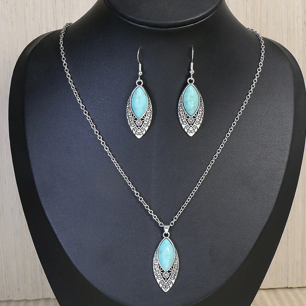 Vintage Blue European American Necklace Earrings Jewelry Sets  Crystal Jewellery Sets For Women stone Necklaces & Pendants gift