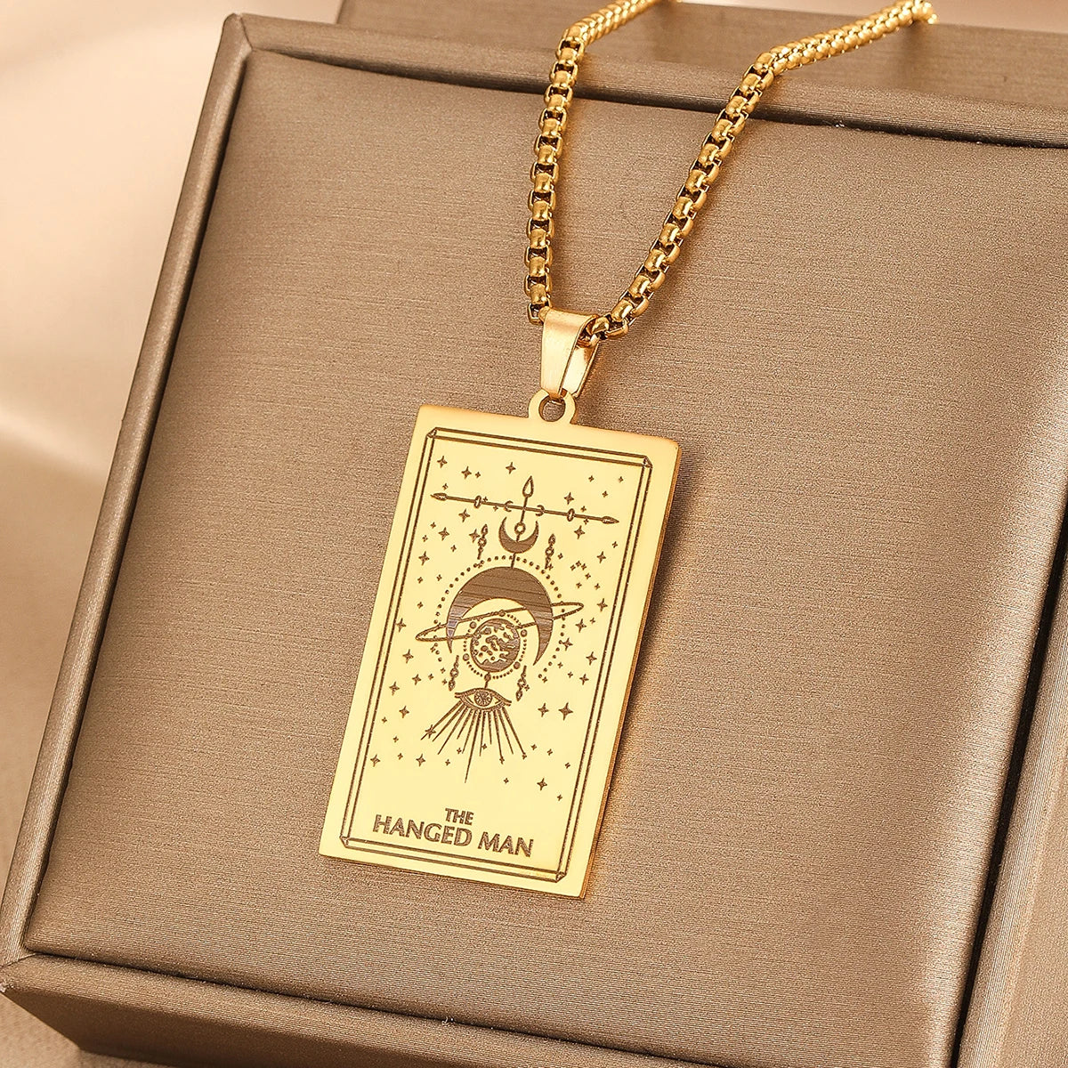 Vintage Moon Rose Flower Tarot Card Necklace Talisman Stainless Steel Libra Justice Necklace for Women Men Sun Amulet Jewelry