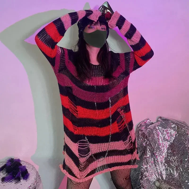 2024 Purple Striped Gothic Sweaters Women Ripped Holes Loose Knitted Pullover Frayed Fairy Grunge Jumpers Emo Streetwear Lolita
