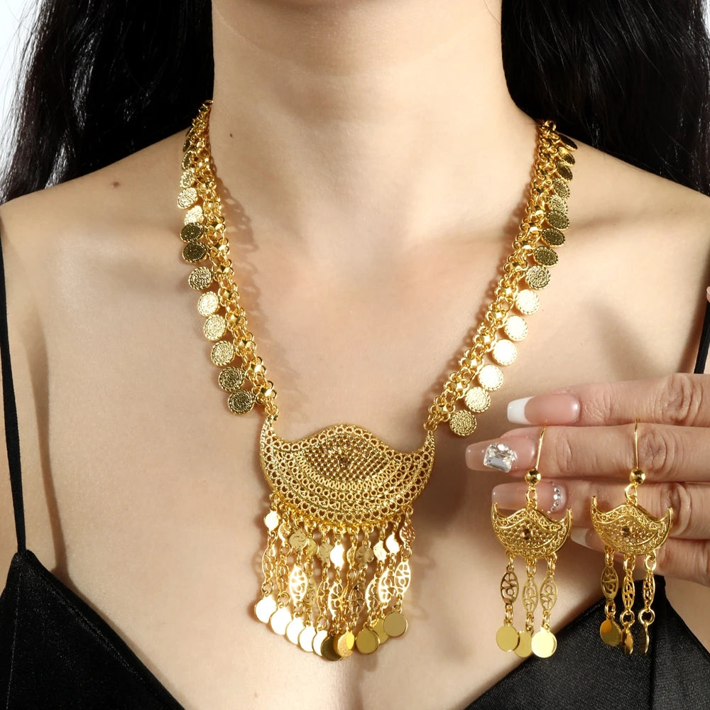 Afghan Fashion Golden Geometric Hollow Carving Rhinestone Coins Tassel Necklaces Earrings Women Kurdish Statement Jewelry Set