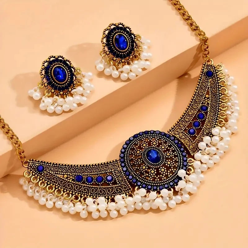 Vintage Jewelry Set Rhinestone Choker Necklaces Stud Earrings For Women Simulated Pearl Beads Bridal Jewelry Sets