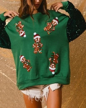 women's winter sweaters Sweatshirt sequined Christmas gingerbread cartoon pattern O-neck sequined long sleeved knitted pullover