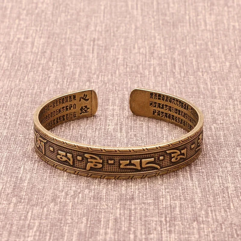Vintage Buddhist Heart Sutra Cuff Bracelets Men's Six Character True Word Adjustable Bangles Religious Wish Talisman Jewelry