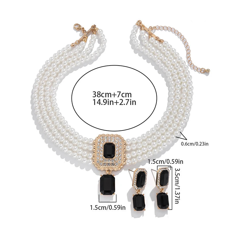 1Set Luxury Multilayer Imitation Pearl Necklace Earrings For Women Girls Temperament Jewelry Bridal Rhinestone Wedding Jewelry