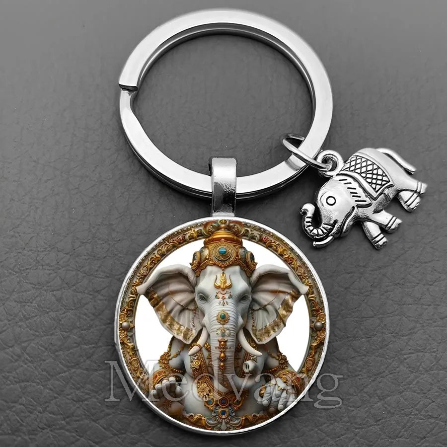 Sacred Elephant Ganesha Keychain Buddha keychain and key ring God Of Wealth Elephant glass key ring men and women bag decoration