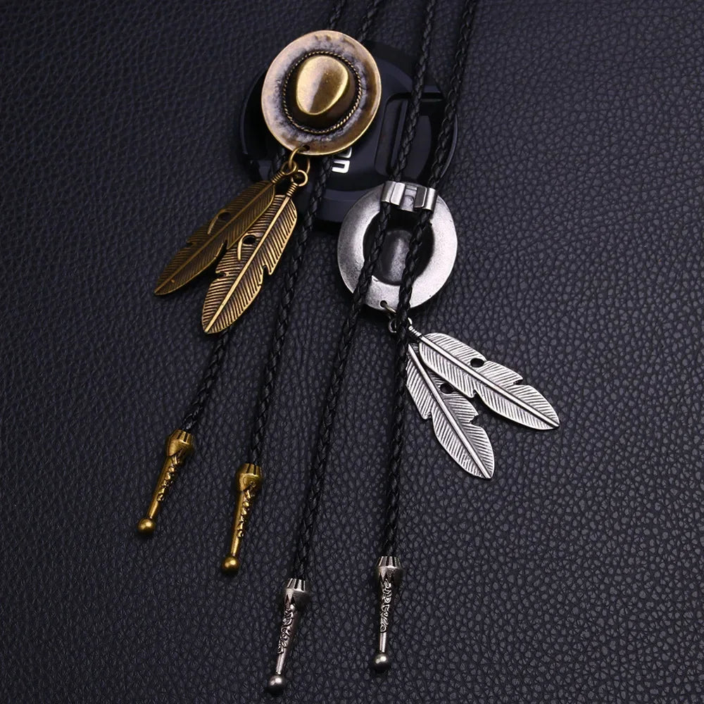 Vintage Cowboy Jazz Hat Alloy mens bolo tie Men Women Leather Rope Long Necklace Sweater Chain shirts Bolo Tie Men Accessories