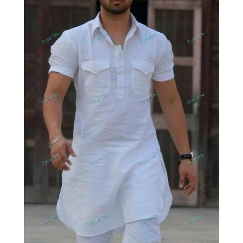Traditional Men's Fashionable Shirt Long Kurta Cotton Dress Fashionable Trend