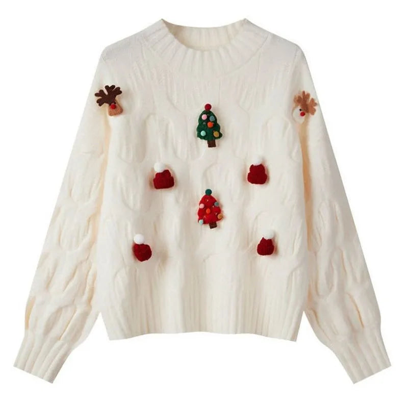 Sueter Mujer 2024 Korean New Sweater Women O Neck Christmas Cartoon Design Knitted Top Cute Fairycore Fashion Pullover CR3335