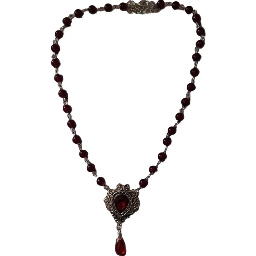 Victoria Gothic Sliver Color Lacework Red Water Drop Glass Crystal Pendant Bead Chain Necklace for Women Rose Witch Jewelry Gift