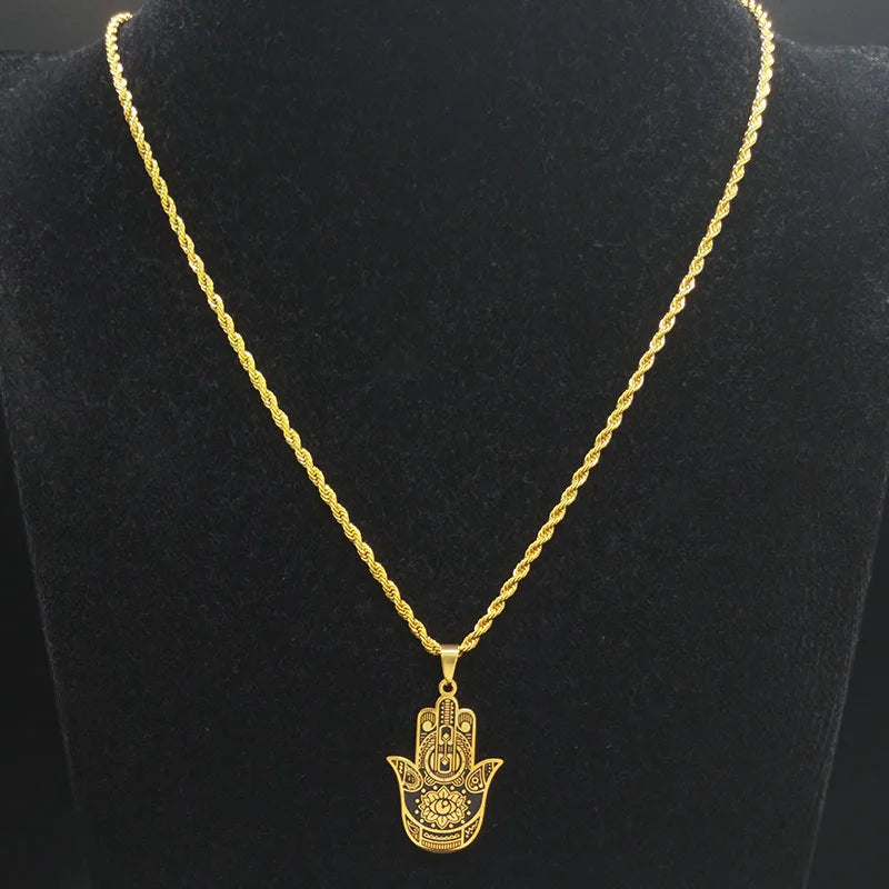 2024 New fashion ancient Fatima Hands Yoga pendant necklace temperament everything with stainless steel collarbone chain for men