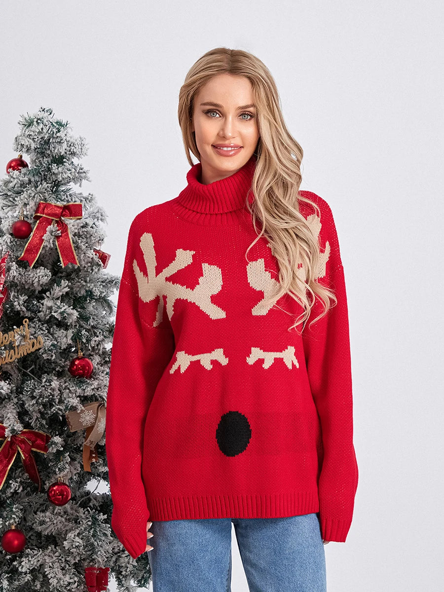 Ugly Christmas Sweater for Women Funny Crewneck Long Sleeve Santa Reindeer Print Pullover Knit Sweater Jumper