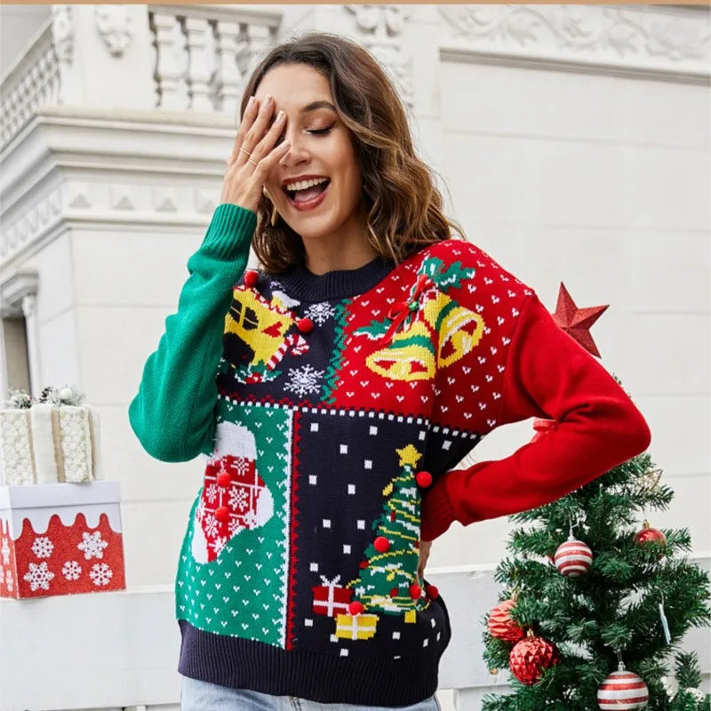 Christmas Sweater Women's Socks Christmas Tree Autumn/Winter New Round Neck Long Sleeve Loose Knitted Sweater 2024 Y2k Cloting