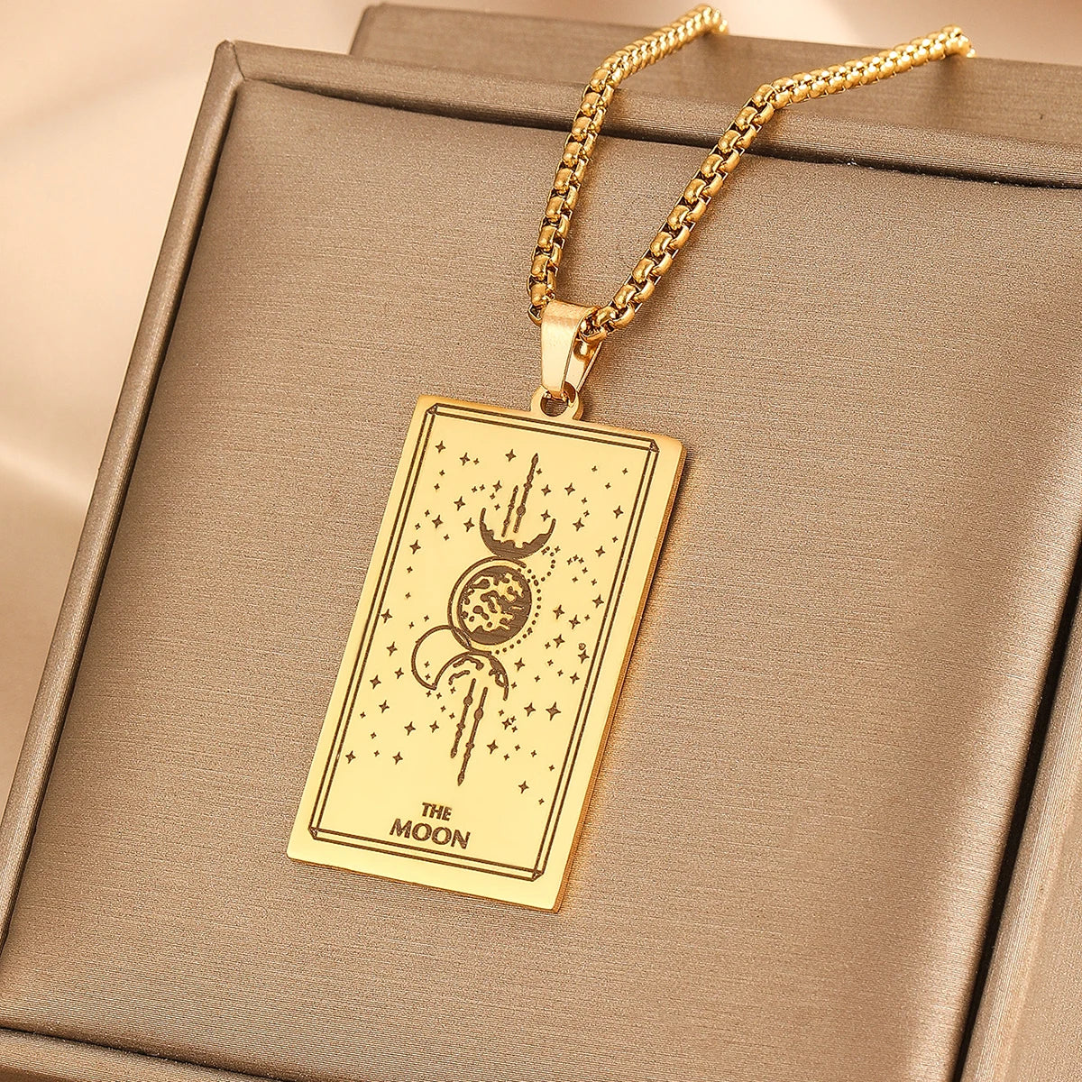 Vintage Moon Rose Flower Tarot Card Necklace Talisman Stainless Steel Libra Justice Necklace for Women Men Sun Amulet Jewelry