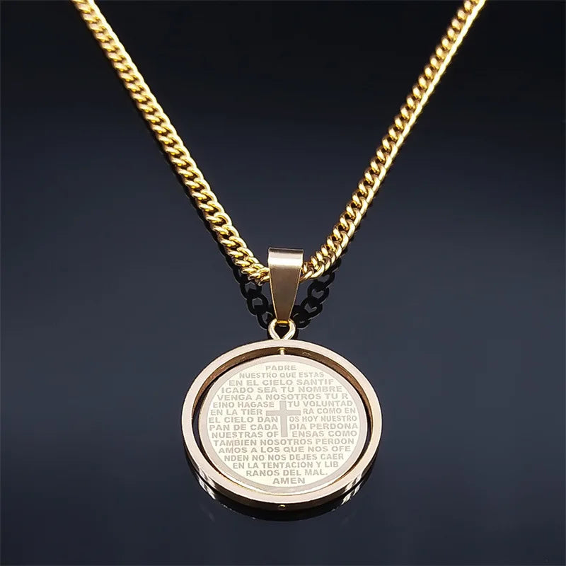 2024 New fashion Prayer Cross pendant necklace Stainless steel Spanish neutral style round pendant collar bone chain accessories