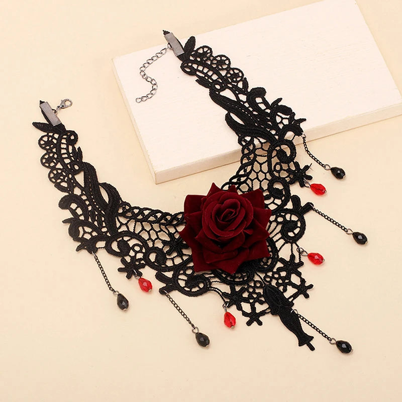 1PCS Vintage Punk Flower Charm Pendant Choker Necklace For Women Gothic Lace Tassel Clavicle Chain Jewelry
