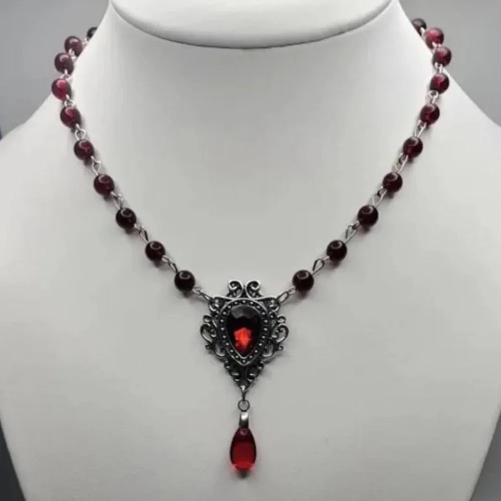 Victoria Gothic Sliver Color Lacework Red Water Drop Glass Crystal Pendant Bead Chain Necklace for Women Rose Witch Jewelry Gift