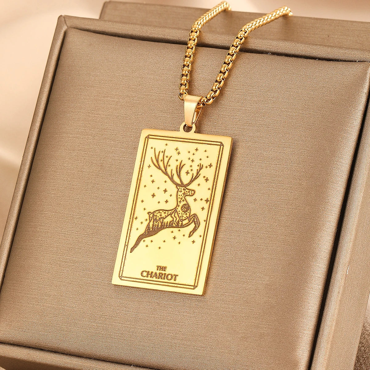 Vintage Moon Rose Flower Tarot Card Necklace Talisman Stainless Steel Libra Justice Necklace for Women Men Sun Amulet Jewelry