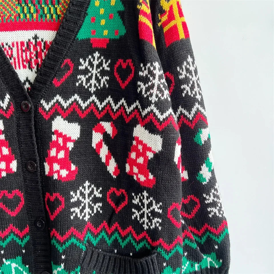 2023 Cross-border Amazon Autumn/winter New Single-breasted V-neck Christmas Theme Knit Sweater Cardigan New Year