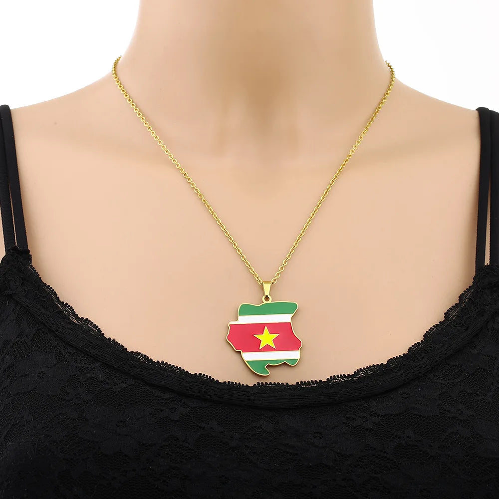 2024 New fashion stainless steel Republic of Suriname map flag necklace for women and men couples ethnic style accessories colla