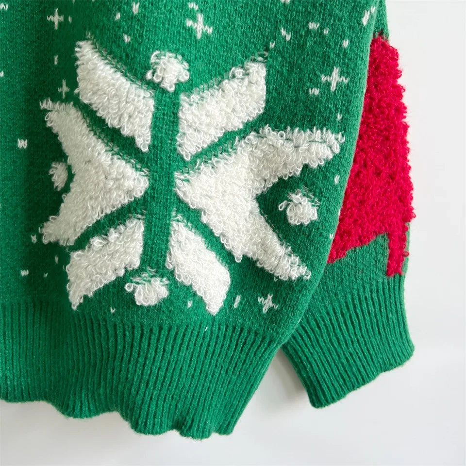 Women's Jacquard Round Neck Long Sleeve Thickened Knit Pullover Christmas Tree Design Autumn/winter New Style Sweater