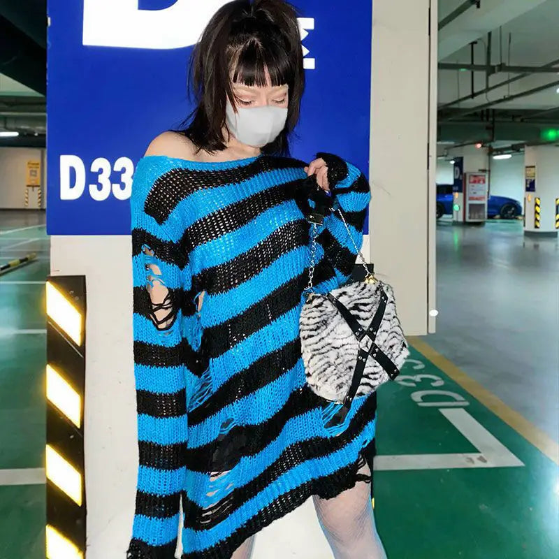 2024 Purple Striped Gothic Sweaters Women Ripped Holes Loose Knitted Pullover Frayed Fairy Grunge Jumpers Emo Streetwear Lolita