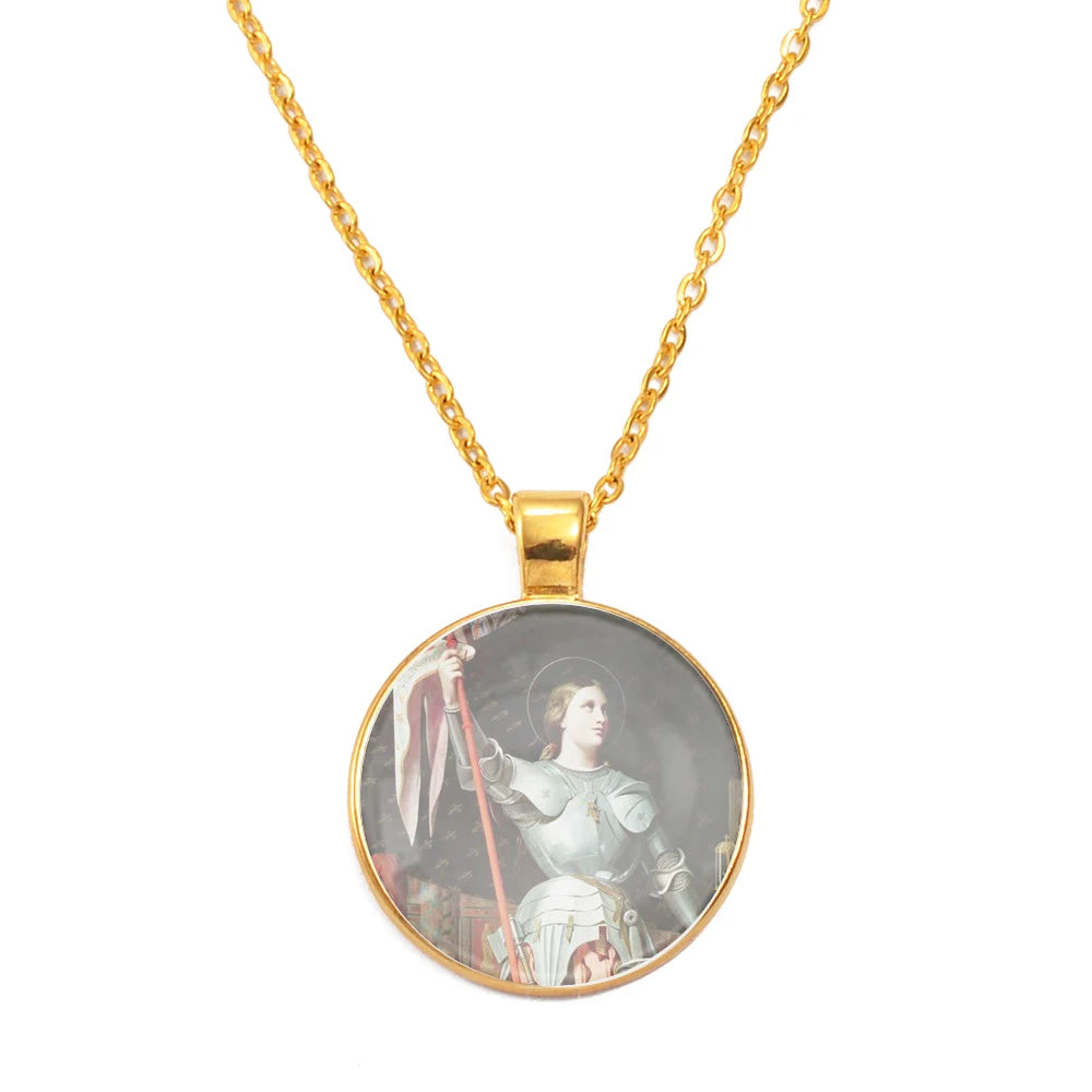 Anniyo Saint Joan of Arc,Patron Saint of France Glass Pendant Necklaces Women Men Jewelry,Maid of Orléans-Jeanne d'Arc #D0040