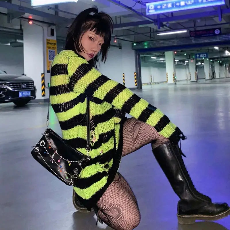 2024 Purple Striped Gothic Sweaters Women Ripped Holes Loose Knitted Pullover Frayed Fairy Grunge Jumpers Emo Streetwear Lolita