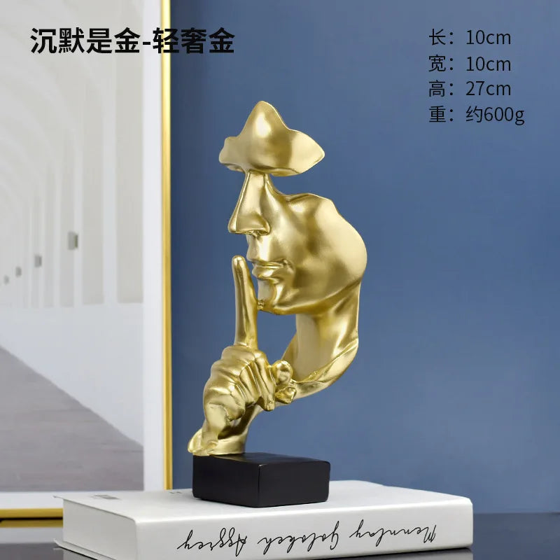 Thinker Statue Sculpture Silence Is Gold Figurines Resin Retro Home Decor for Office Study Living Room Abstract Face Ornaments