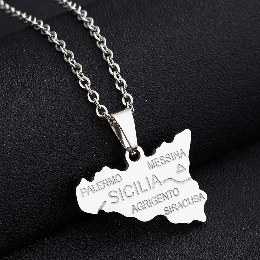 2024 new fashion stainless steel Sicily map pendant necklace temperament everything collarbone chain birthday anniversary small