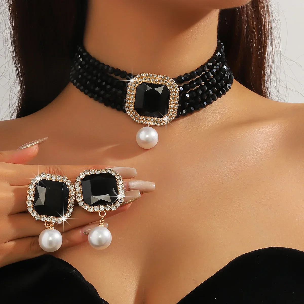 Vintage Multilayer Green Red Blue Black Crystal Necklace Geometric Square Pearl Earrings For Women Weddings Banquet Jewelry Sets