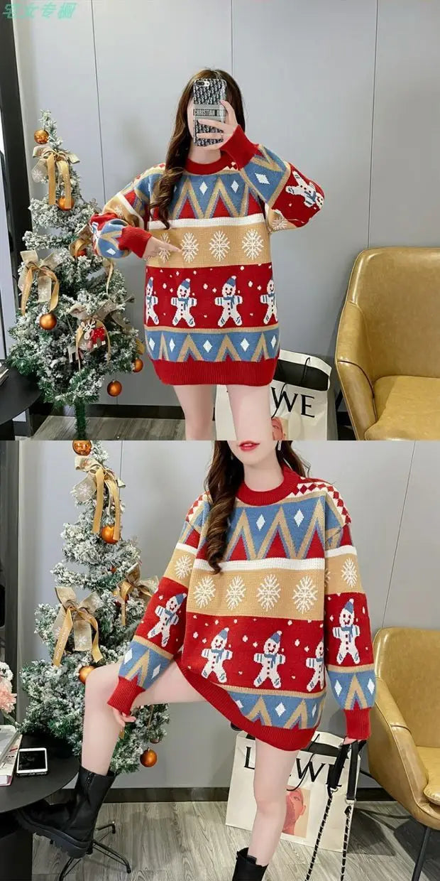 2025 Autumn Winter New Loose Oversized Sweater Women Christmas Snowflake Knitted Longline Thickened Pullover