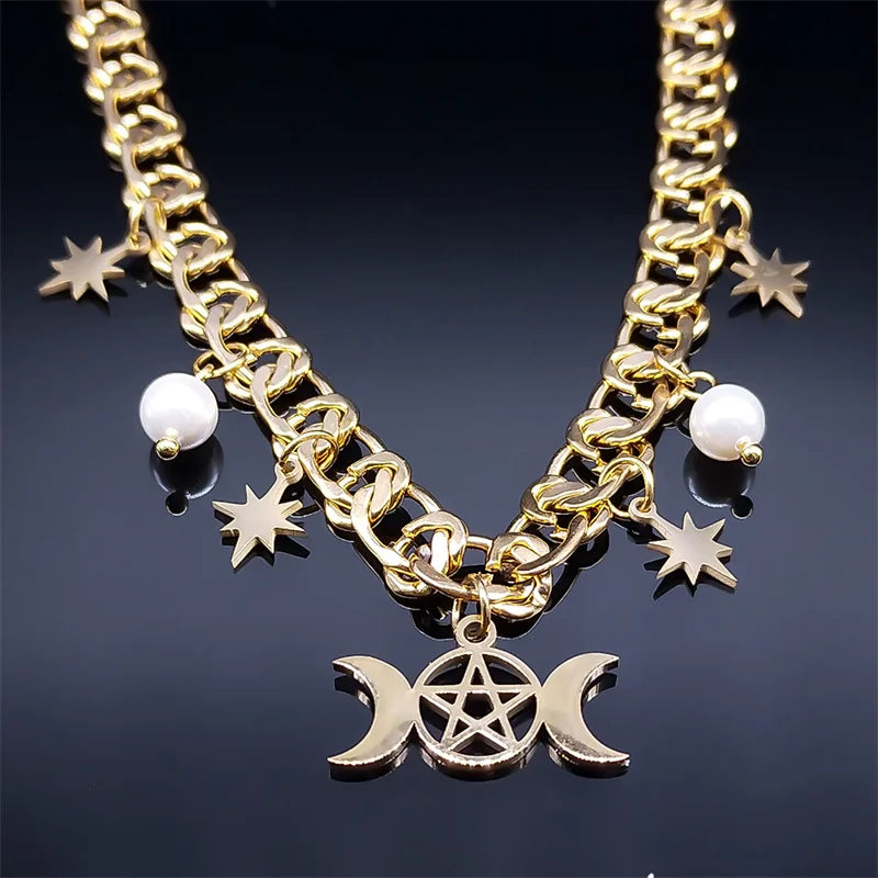 Witch Triple Moon Pentagrams Choker Necklace Stainless Steel Divination Necklaces Korean Aesthetic Jewelry collares N1729S02