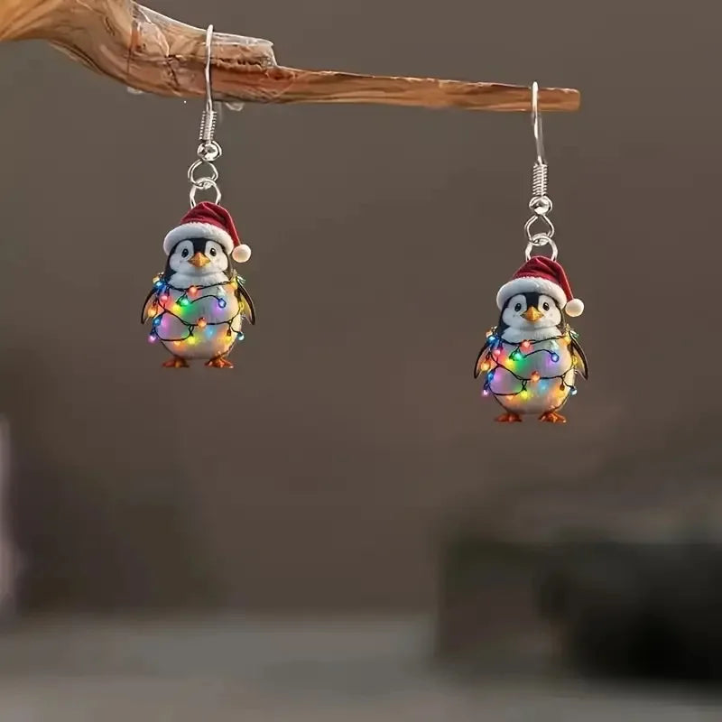 YAOLOGE Fun Leisure Santa's Hat Colorful Light Strip Penguin Earrings 2D Acrylic Design Women Winter Atmosphere Eardrop Gifts