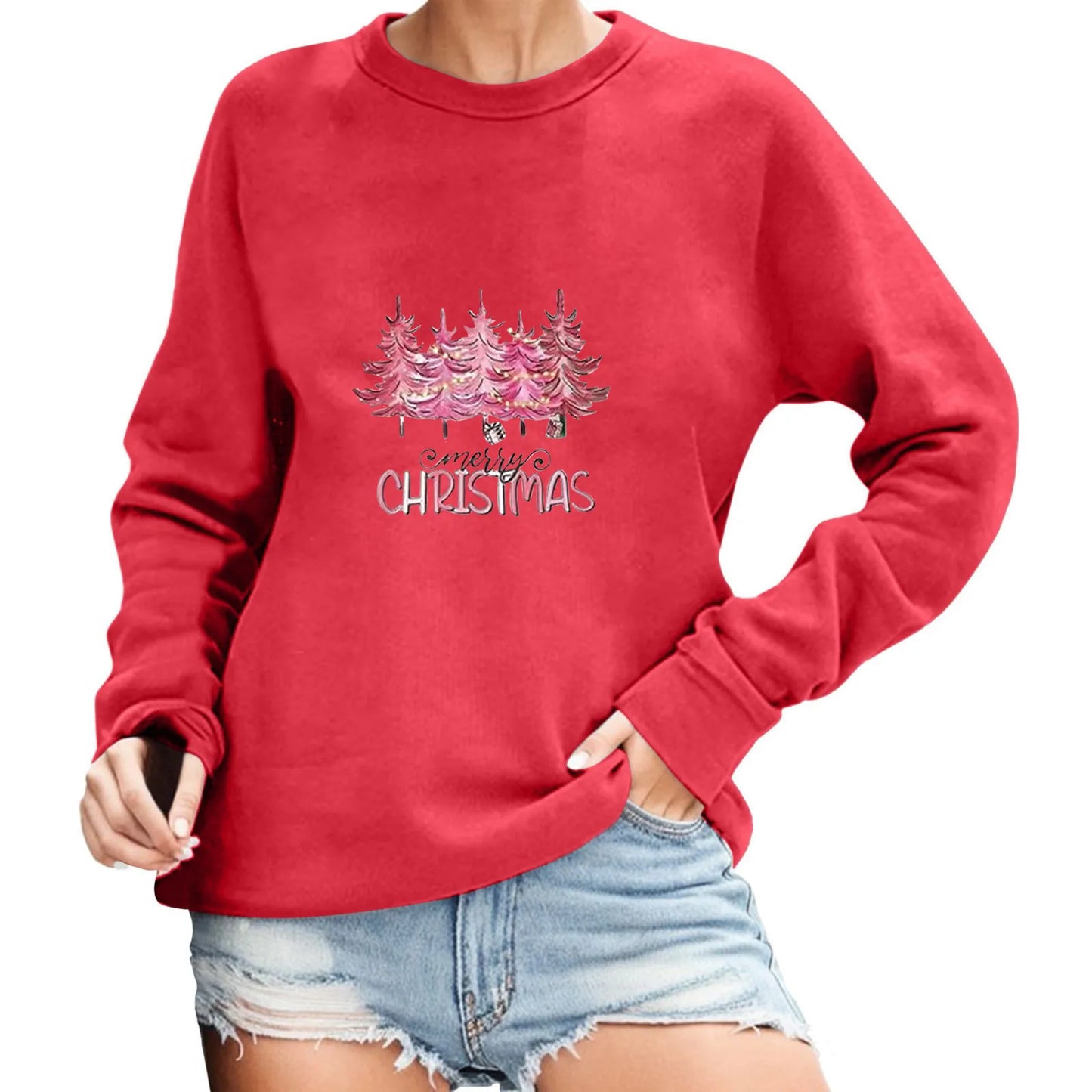 2024 Christmas Pullover Sweater Women's Winter Long Sleeve O-Neck Pullover Sweatshirts Funny Xmas Tree Print Graphic Sweater