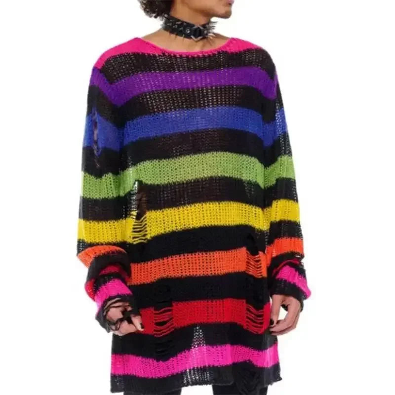 2024 Purple Striped Gothic Sweaters Women Ripped Holes Loose Knitted Pullover Frayed Fairy Grunge Jumpers Emo Streetwear Lolita