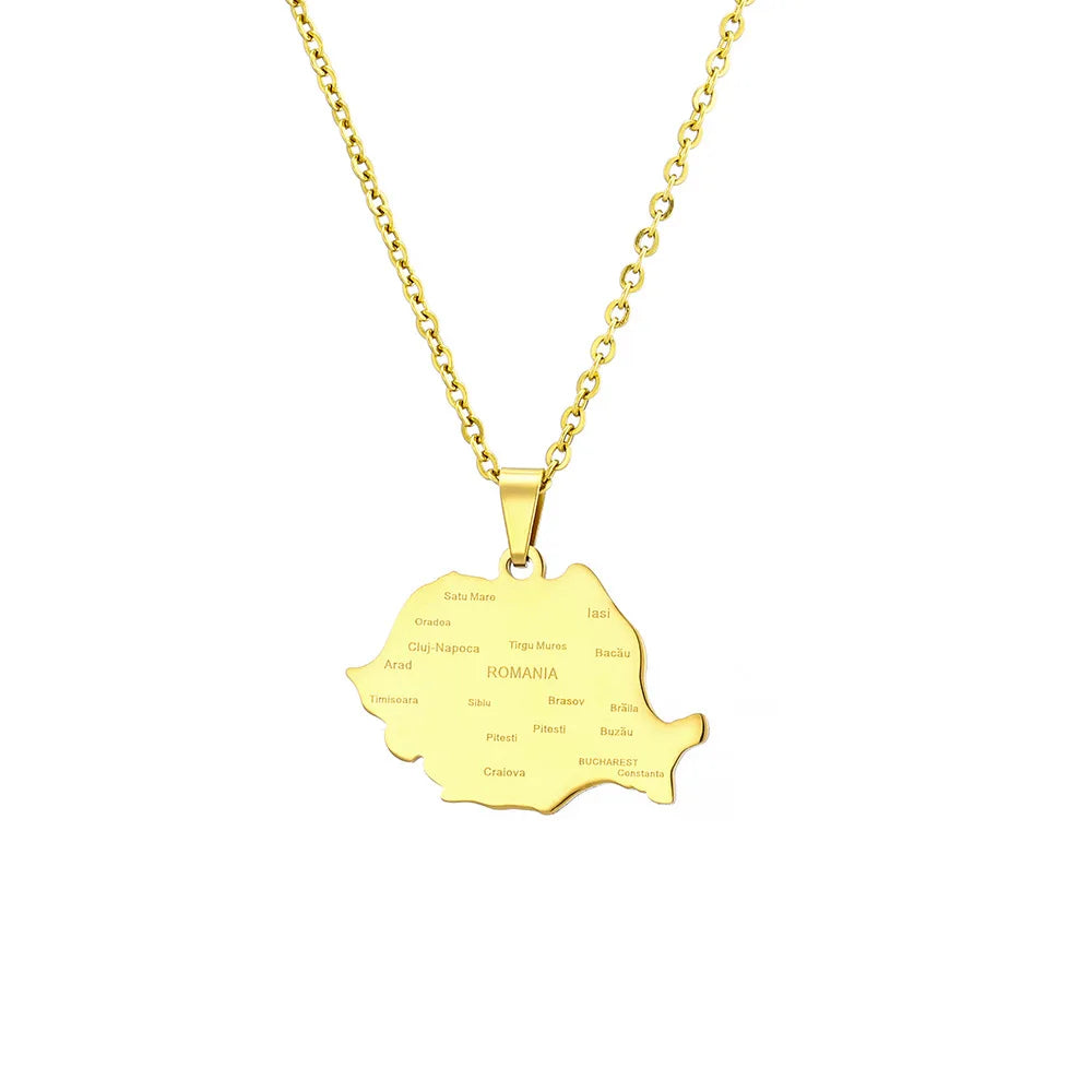 2024 new fashion stainless steel Romania map with city pendant necklace temperament everything collarbone chain birthday anniver