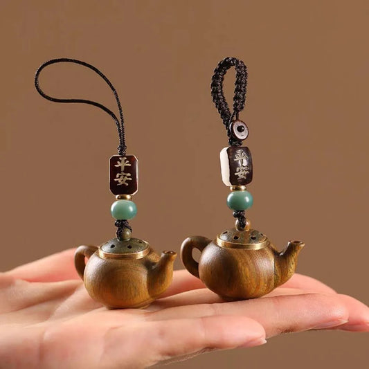 Statue Mini Little Teapot Keychain Waterproof Openable Carved Teapot Pendant Beads Ornament Green Sandalwood Phone Chain Friends