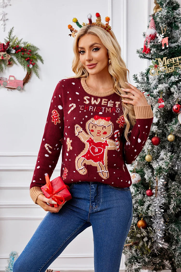 2025Casual Christmas Sweater Women Autumn Winter Gingerbread Man Pattern Long Sleeve Pullover Sweater