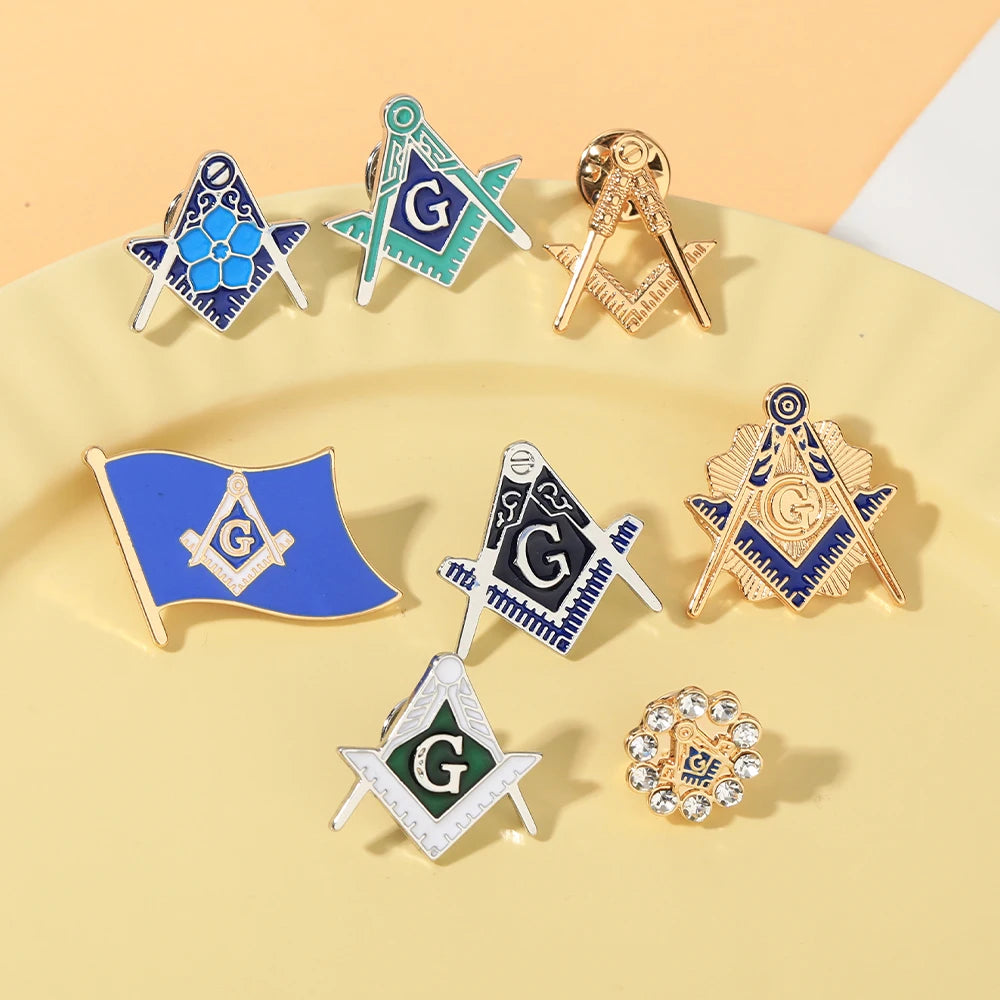 8 Styles Classic Masonic Symbols Enamel Brooches Funny Freemason Emblem Golden Pins