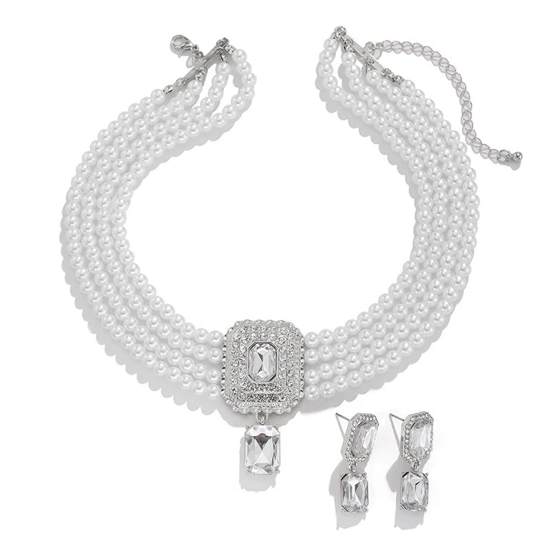 1Set Luxury Multilayer Imitation Pearl Necklace Earrings For Women Girls Temperament Jewelry Bridal Rhinestone Wedding Jewelry