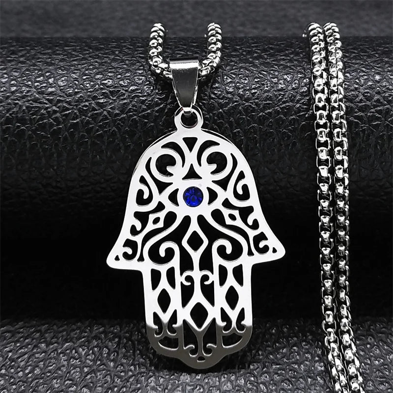 Hamsa Hand Stainless Steel Necklace Gold Color Amulet Hand of Fatima Necklaces Islamic Religious Arabic Jewelry mano de fatima