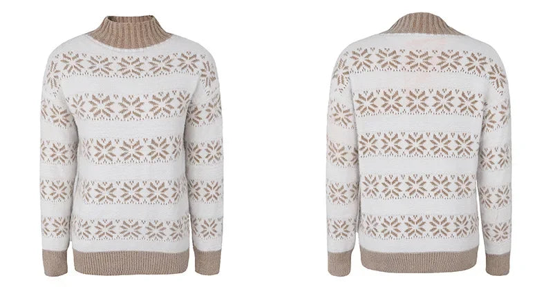 2025 Christmas Jumpers Women Mock Neck Full Sleeve Sweater Snowflake Jacquard Knitwear Warm Thick Pullover Top Xmas Party Look
