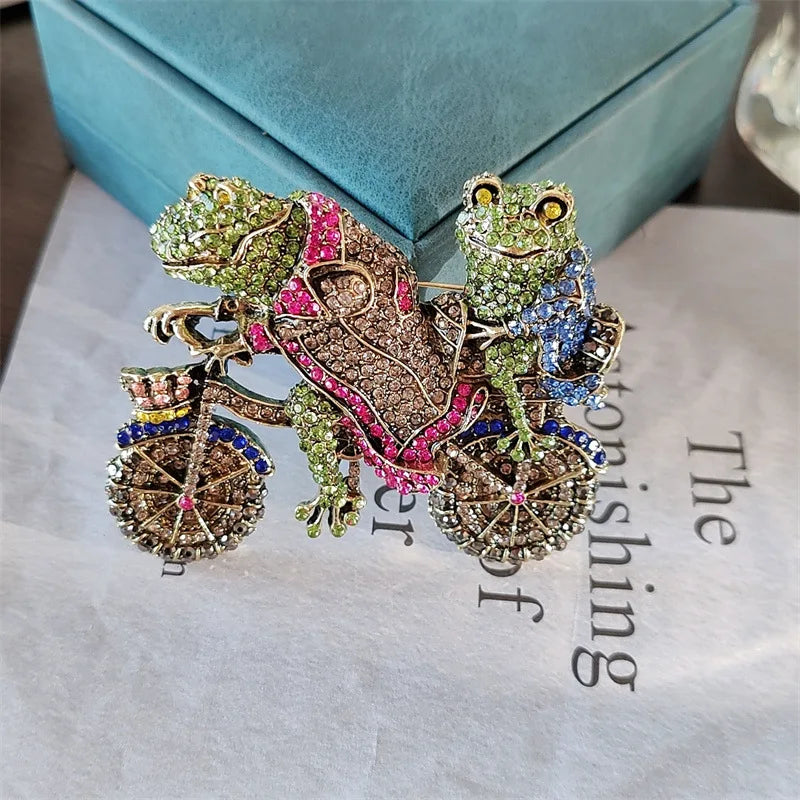 vintage jewelry retro heavy diamond frog prince bicycle brooch women accessories pin