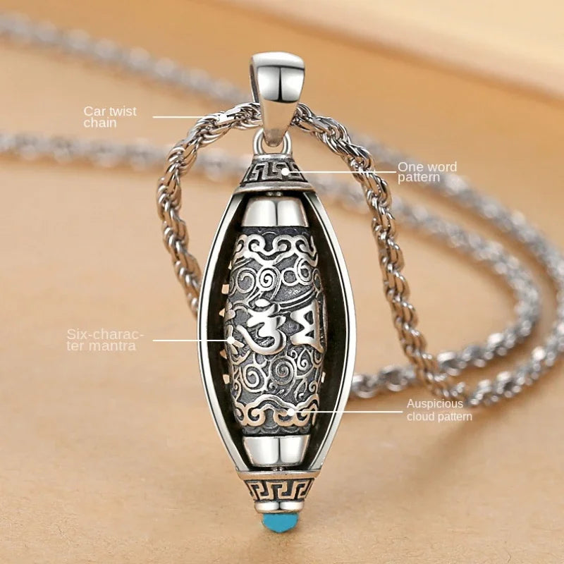 Fashion Six-character Scripture Buddha Necklace for Men and Women Retro Hollow Pattern Prayer Wheels Pendant Jewelry Accessories