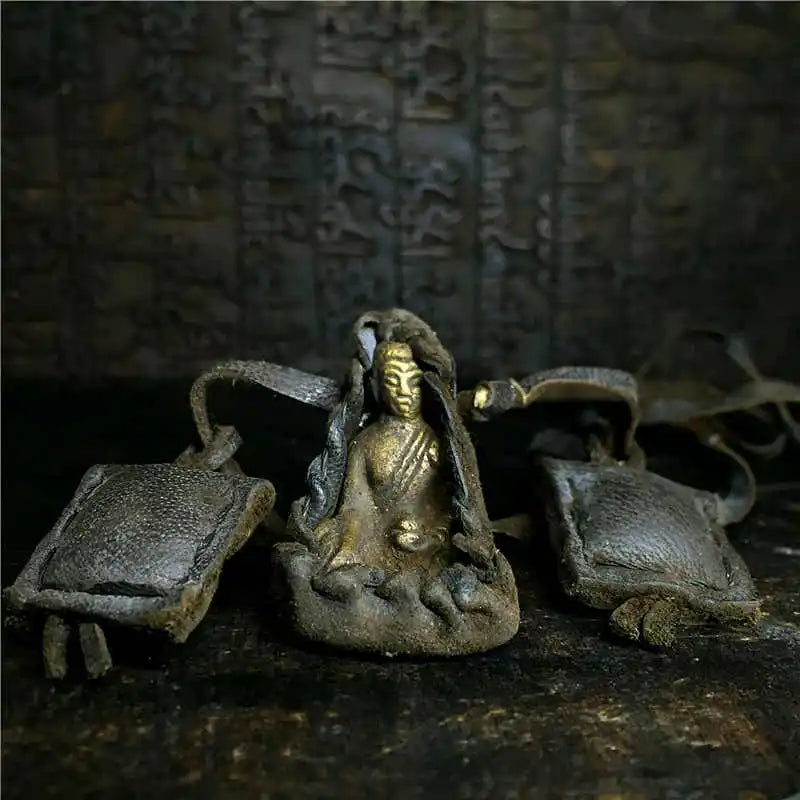 Tibetan Medicine BUDDHA Amulet Necklace Small Pocket Buddha with Cow Leather Rope TNL391