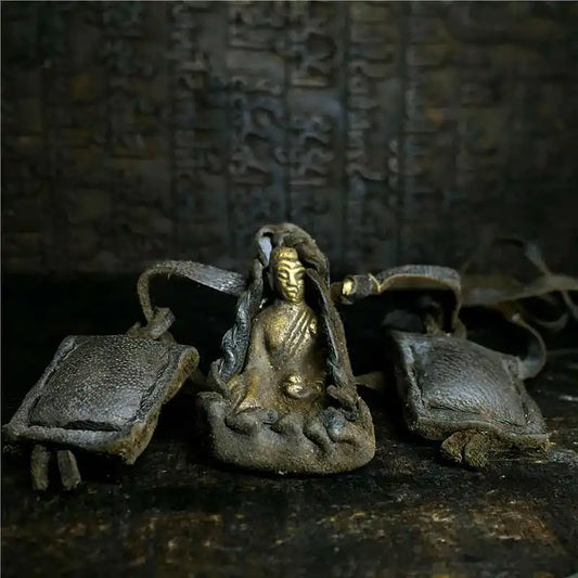 Tibetan Medicine BUDDHA Amulet Necklace Small Pocket Buddha with Cow Leather Rope TNL391