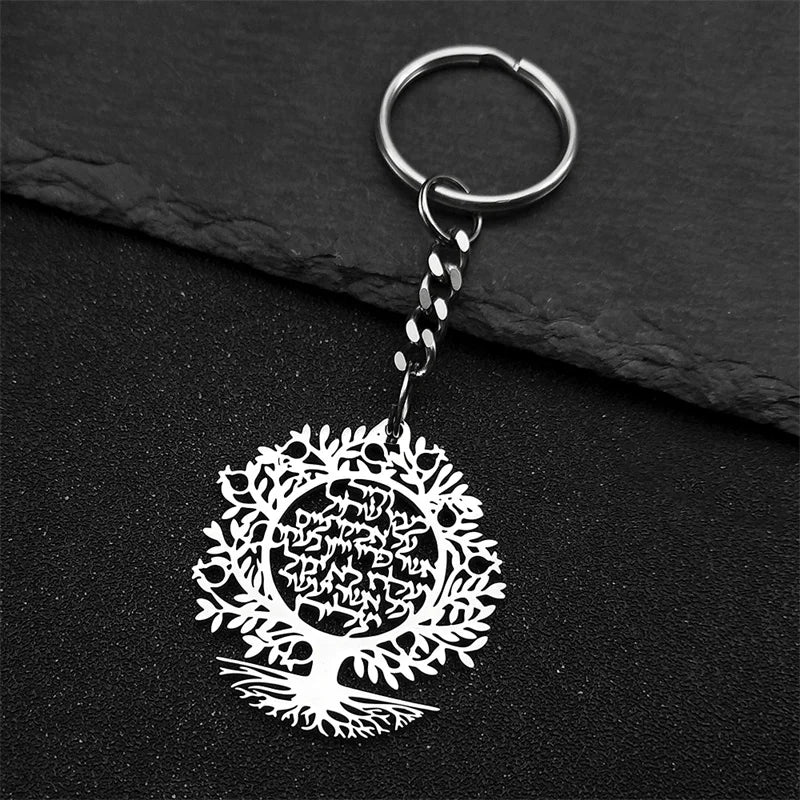 Tree of Life Hebrew Pendant Key Chain for Women Men Stainless Steel Gold Color Israel Jewish Hollow Drop Key Ring Amulet Jewelry