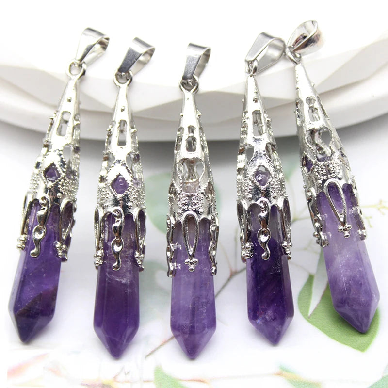 16pcs Crystal Pendulum for Divination Dowsing Natural Gem Stone Amethyst Hexagon Pendant For DIY Jewelry Making Necklace Pendant