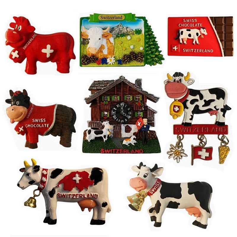 Swiss Dairy Cows Hand-painted 3D Fridge Magnets Switzerland Souvenirs Refrigerator Magnetic Stickers Gift